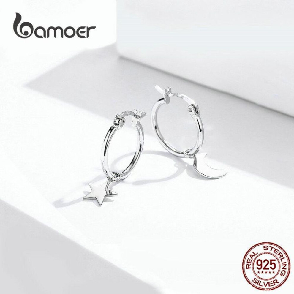 BAMOER Real 925 Sterling Silver Moon & star Girl Earings Precious Jewelry Women Earings Gift