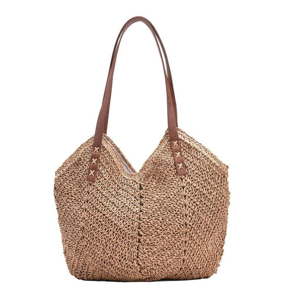 (khaki, 26x1x35cm) Summer Straw Bucket Shoulder Bag Women Large Capacity Beach Bags Vacation Rattan Tote Bag
