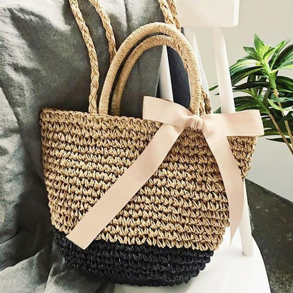 (coffee,black, 16X27CM) Summer Bowknot Straw Bag Women Handmade Weaven Beach Ribbons Shoulder Bag Vacation Handle Bag