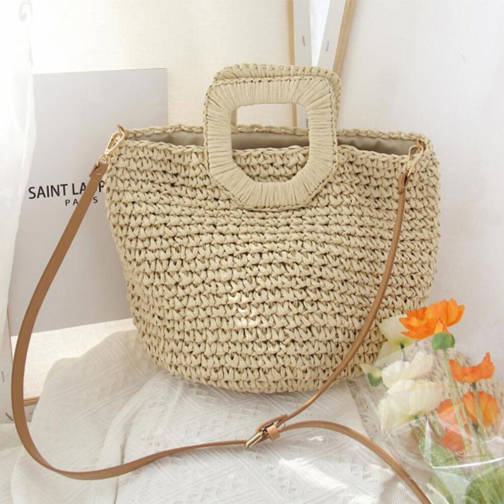 (beige, 36*8*31cm) Casual Straw Handbag Women Handmade Woven Shoulder Bag Large Capacity Beach Rattan Bag Summer Vacation Handle Bag