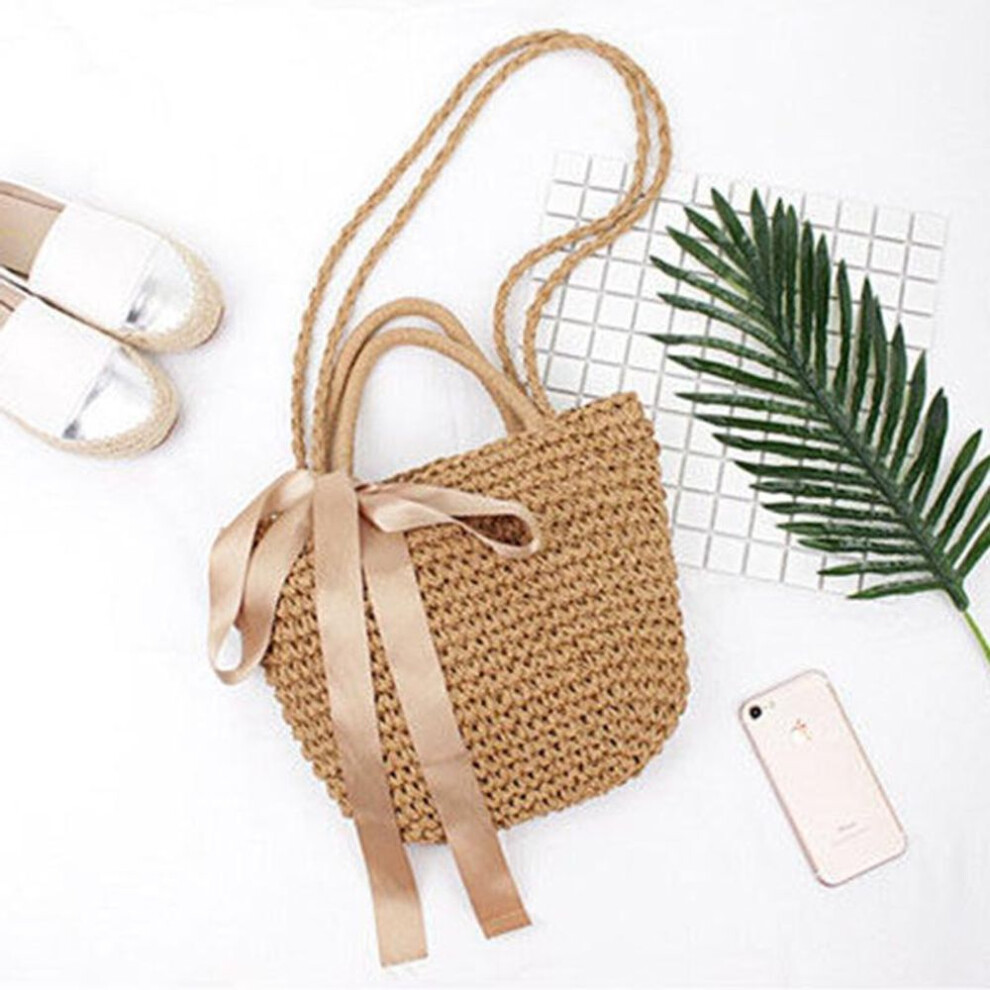 (coffee, 16X27CM) Summer Bowknot Straw Bag Women Handmade Weaven Beach Ribbons Shoulder Bag Vacation Handle Bag