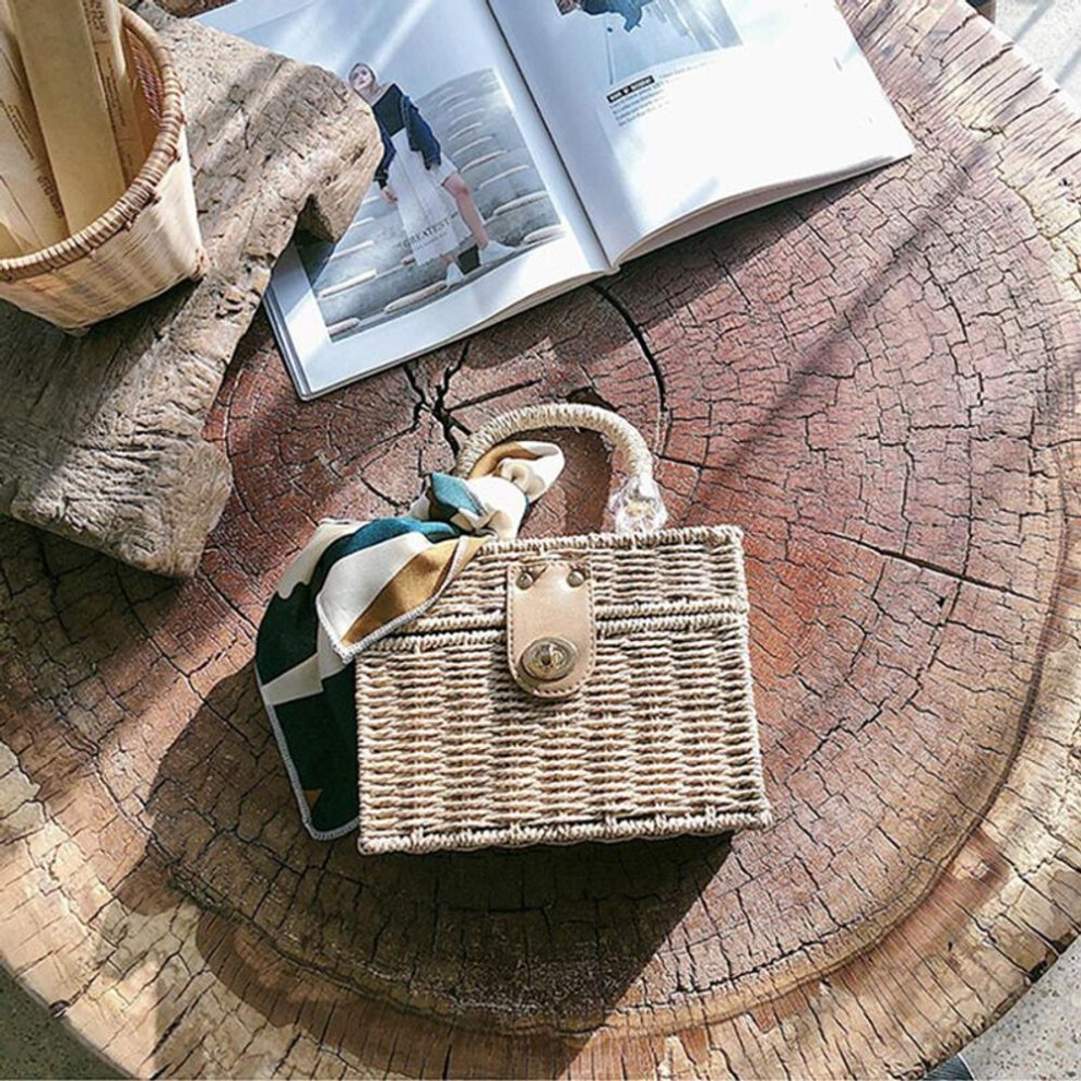 (khaki, 19x8x14cm) Yogodlns Women Handmade Rattan Shoulder Bag Travel Vacation Beach Small Square Straw Bag