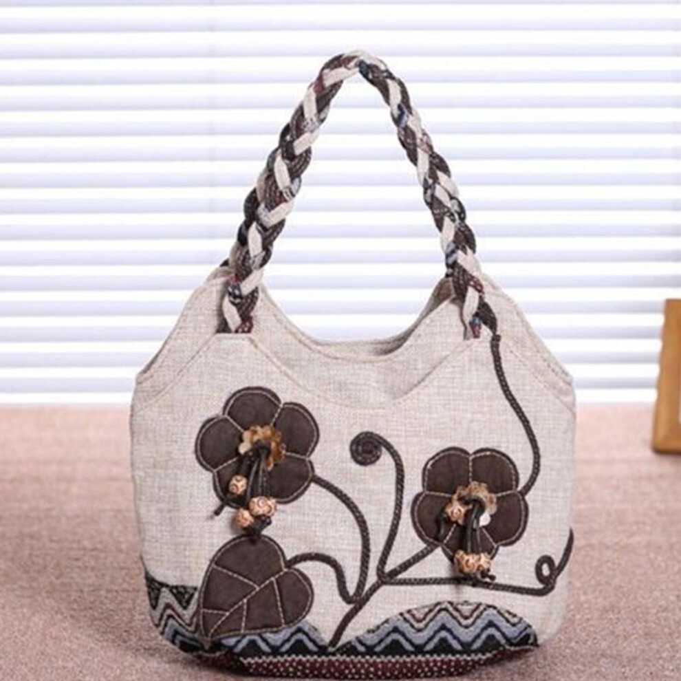 (beige,coffee, 30*10*20cm) Yogodlns Vintage Linen Handbag For Women National Style Top -handle Bag Middle-aged Womens&apos; Shoulder Bag Art Tote Mother Purse
