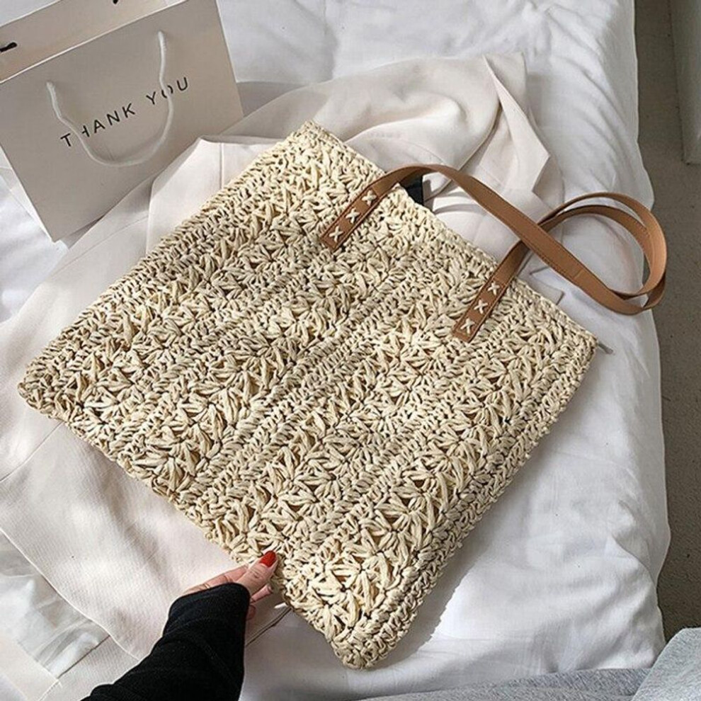 (beige, 38x2x40cm) Summer Hollow Out Straw Bag Women Large Capacity Shoulder Bag Handmade Weave Totes Bag Travel Beach Bag