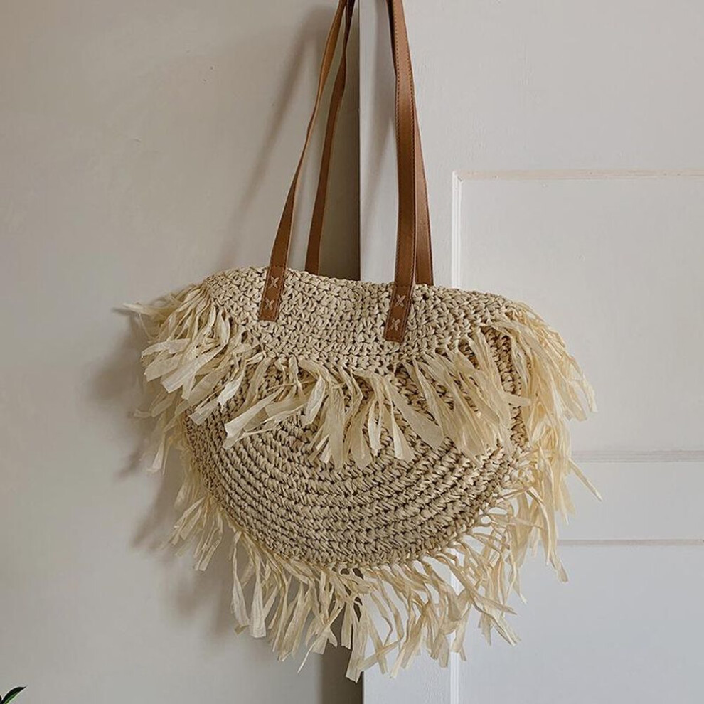(beige, 40*1*33cm) Yogodlns Bohemian Round Tassel Straw Bags Rattan Women Crossbody Bags Wicker Lady Shoulder Bag Small Purses Summer Beach Bags