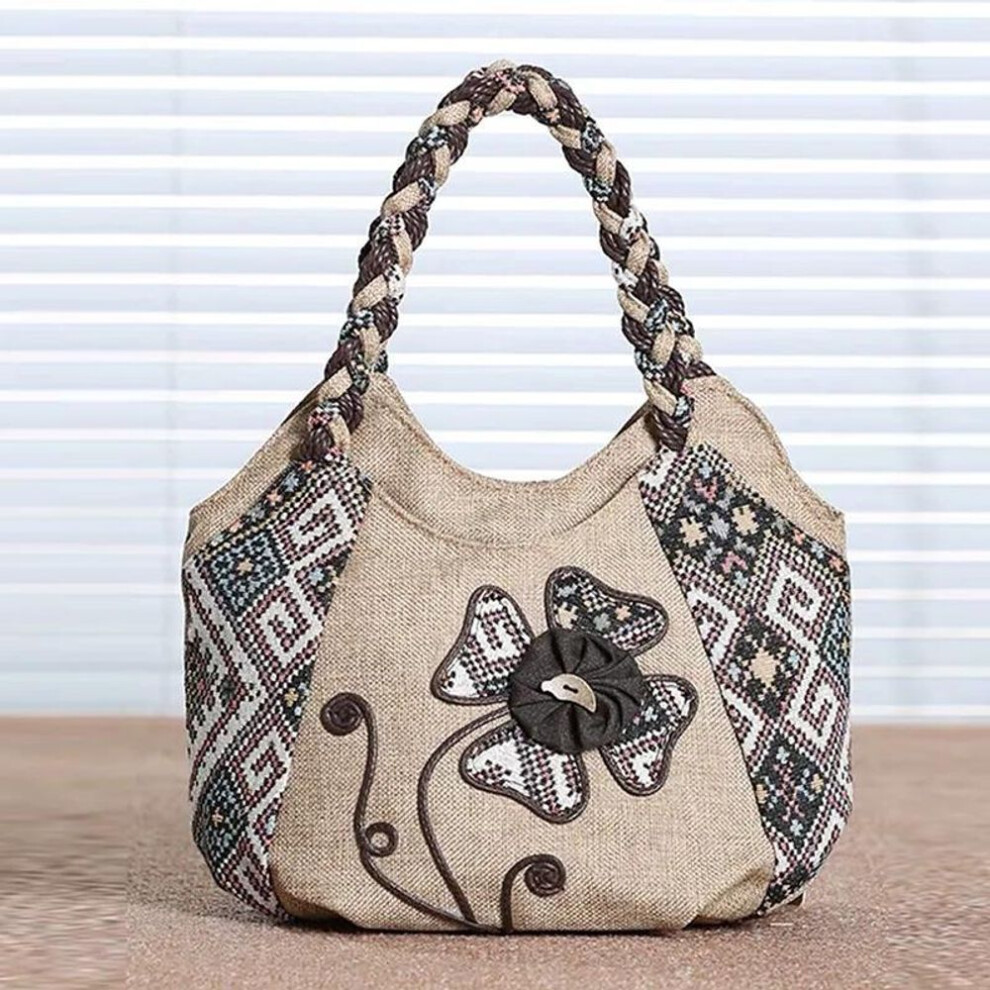 (khaki,coffee, 30*10*20cm) Yogodlns Vintage Linen Handbag For Women National Style Top -handle Bag Middle-aged Womens&apos; Shoulder Bag Art Tote Mother Purse