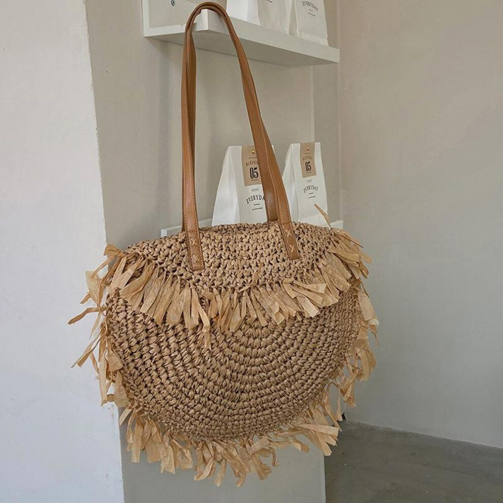 (light brown, 40*1*33cm) Yogodlns Bohemian Round Tassel Straw Bags Rattan Women Crossbody Bags Wicker Lady Shoulder Bag Small Purses Summer Beach Bags