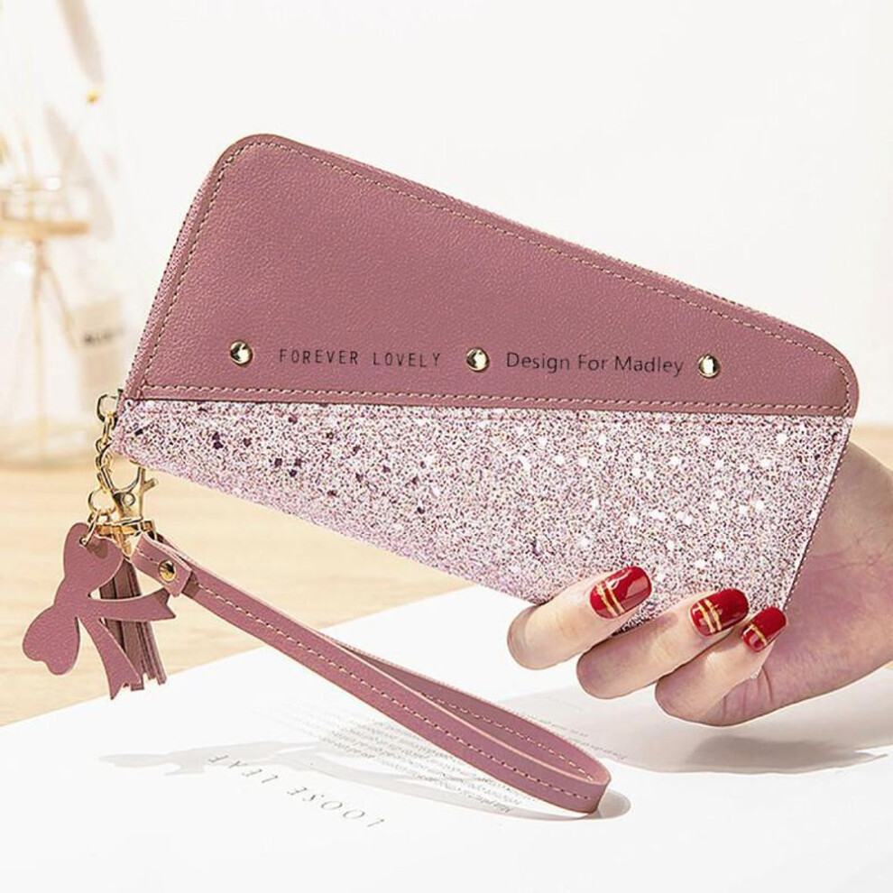 (dark pink, 19.5*2.5*9.5cm) Fashion Sequined Patchwork Glitter Wallet Women Pu Leather Coin Purse Female Wallets Girls Gifts