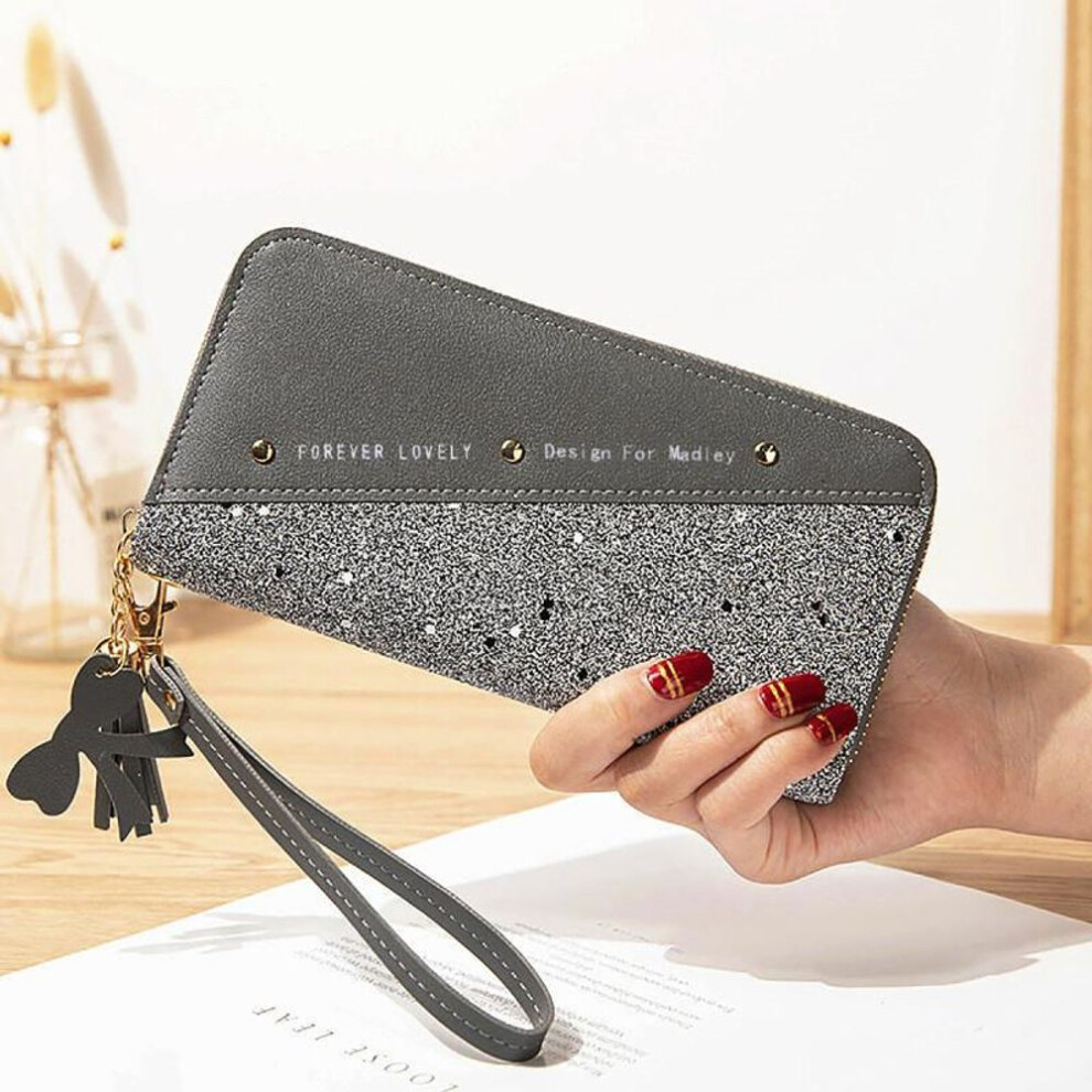(dark gray, 19.5*2.5*9.5cm) Fashion Sequined Patchwork Glitter Wallet Women PU Leather Coin Purse Female Wallets Girls Gifts