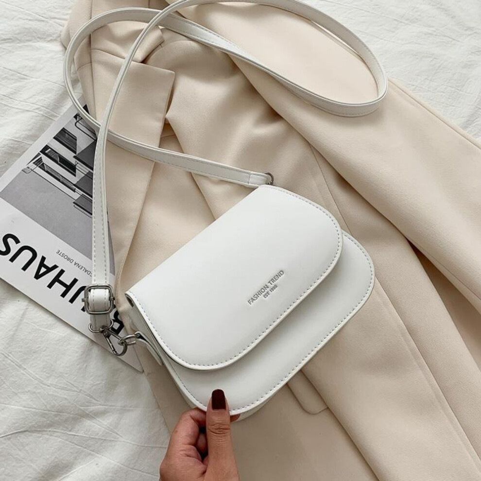 (white, 19*7*15cm) Yogodlns Trendy Saddle Shoulder Bag Women PU Leather Crossbody Purse Simple Solid Color Flap Handbags Pouch