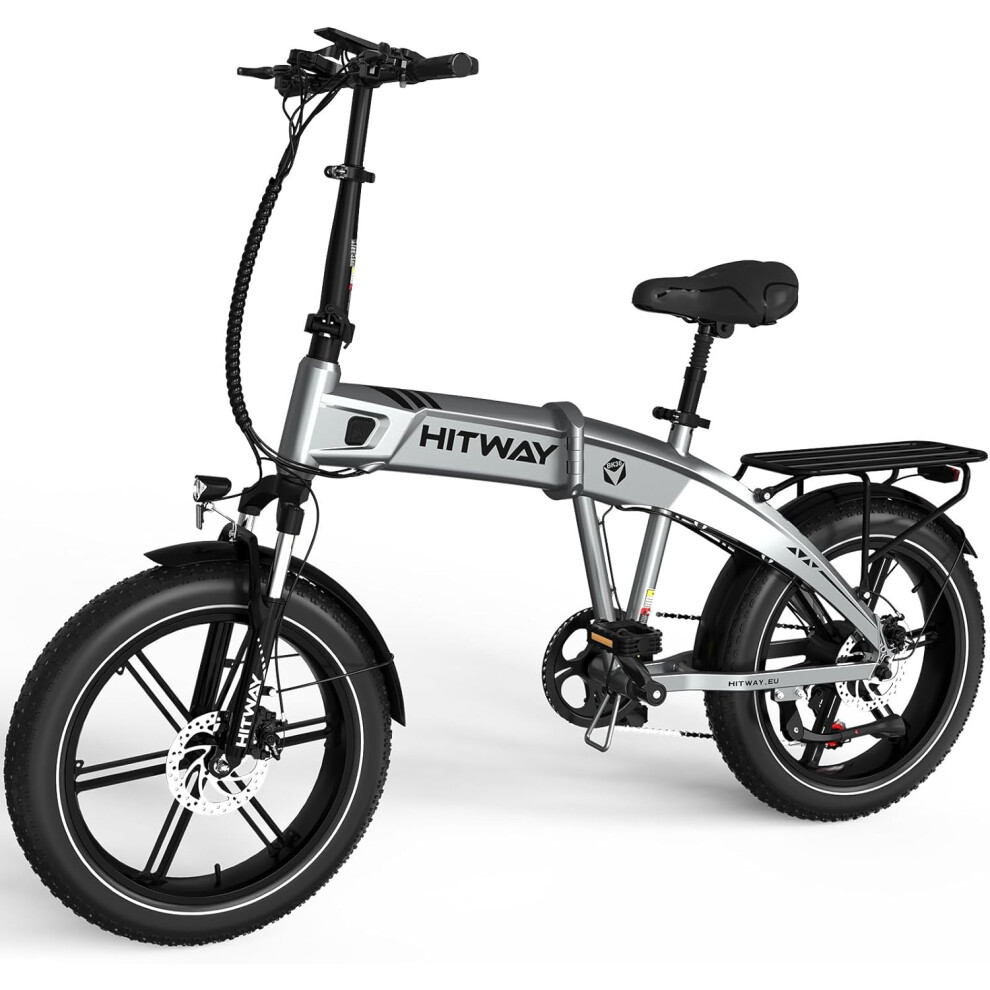 (Silver) Hitway Electric Bike BK36 - 20*4.0 Inch Fat Tire City Commuter EBike with Removable 48V 10.4Ah Battery - Foldable Mountain E-Bike with 250W M