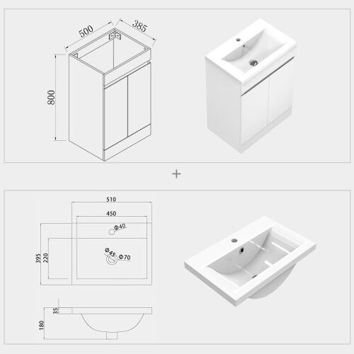 AICA (White) 500mm Floor Standing Bathroom Vanity Units with Ceramic Basin Sink High Gloss White/Grey 2