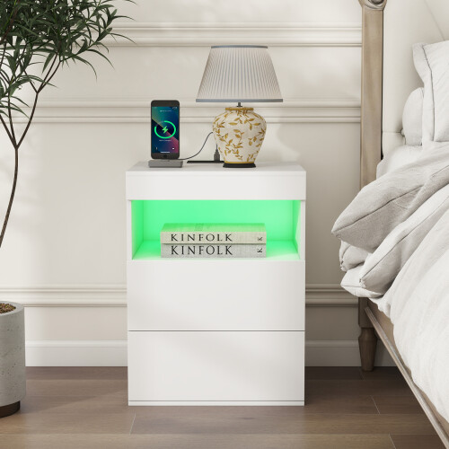 ELECWISH LED Bedside Table 3 Drawer Storage Cabinet with Charging Station White 1