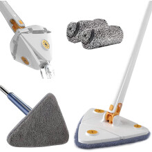 (White) 360 Rotatable Adjustable Cleaning Mop Long Handle Triangular Mop Reusable Spin Mop Stainless Steel Handle Mop