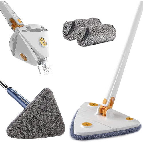 (White) 360 Rotatable Adjustable Cleaning Mop Long Handle Triangular Mop Reusable Spin Mop Stainless Steel Handle Mop