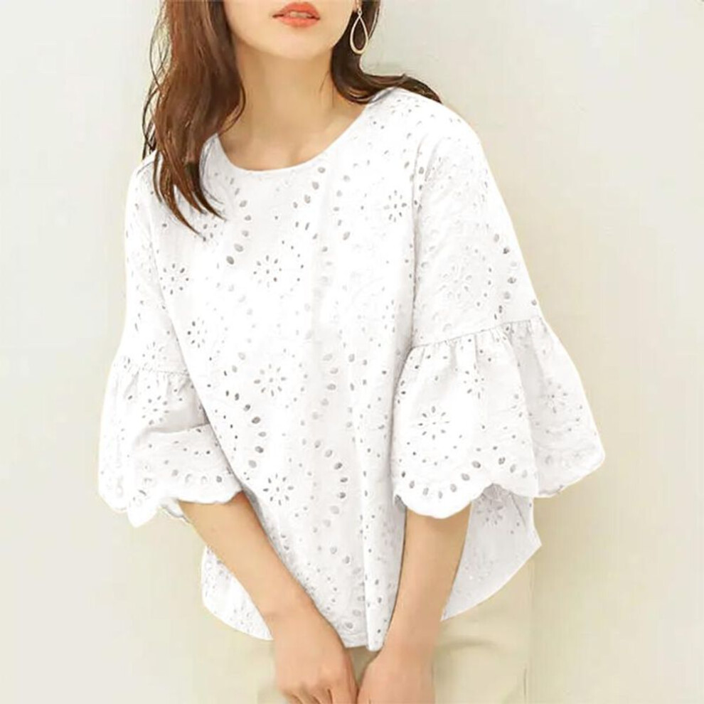 (white, 4XL) ZANZEA Women Casual O-neck Hollow Out Lace 3/4 Sleeve Blouse