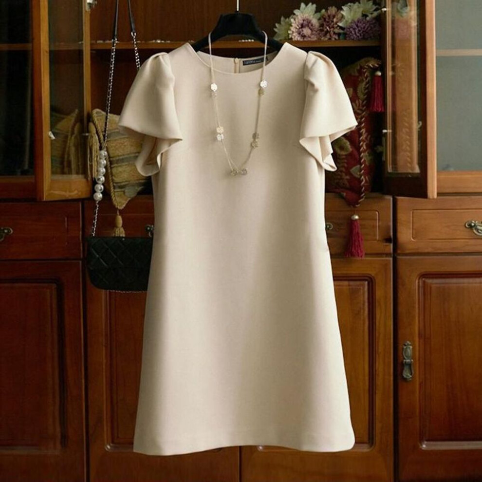 (beige, 4XL) Zanzea Women's Summer Casual Round Neck Puff Short Sleeve Solid Color Loose Dress