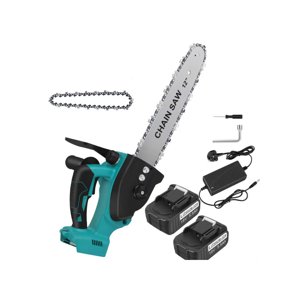 Mini Cordless Electric Chainsaw +2 x 5.5Ah Battery +Charger with 12 inch Guide Plate + Chain for Tree Trimming & Wood Cutting