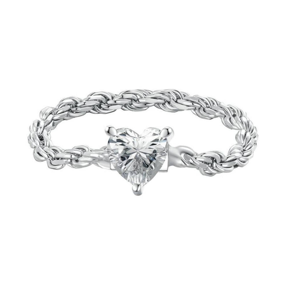 (A-6) Bamoer 925 Sterling Silver Heart Zircon Twisted Chain Ring Tennis Link Ring For Women Birthday Gift Unique Design Fine Jewelry
