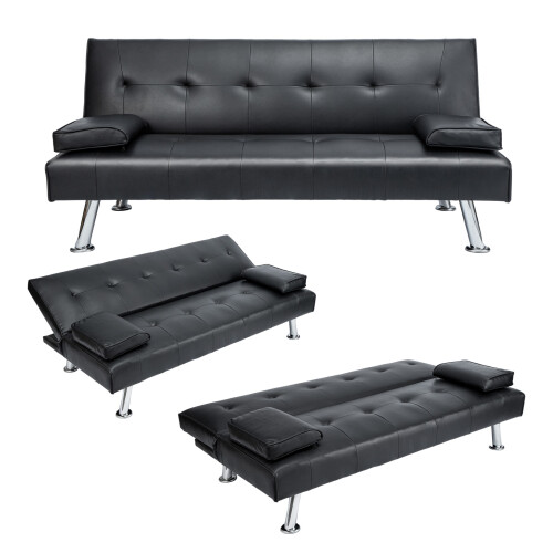 (Black Leather) Sofa Bed Faux Leather 3 Seater Luxury/Budget on OnBuy