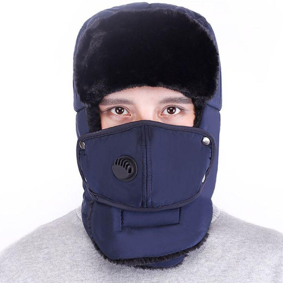 (blue) Men Trapper Hat Winter Earflap Warm Russian Face Mask Aviator Ski Cap Windproof
