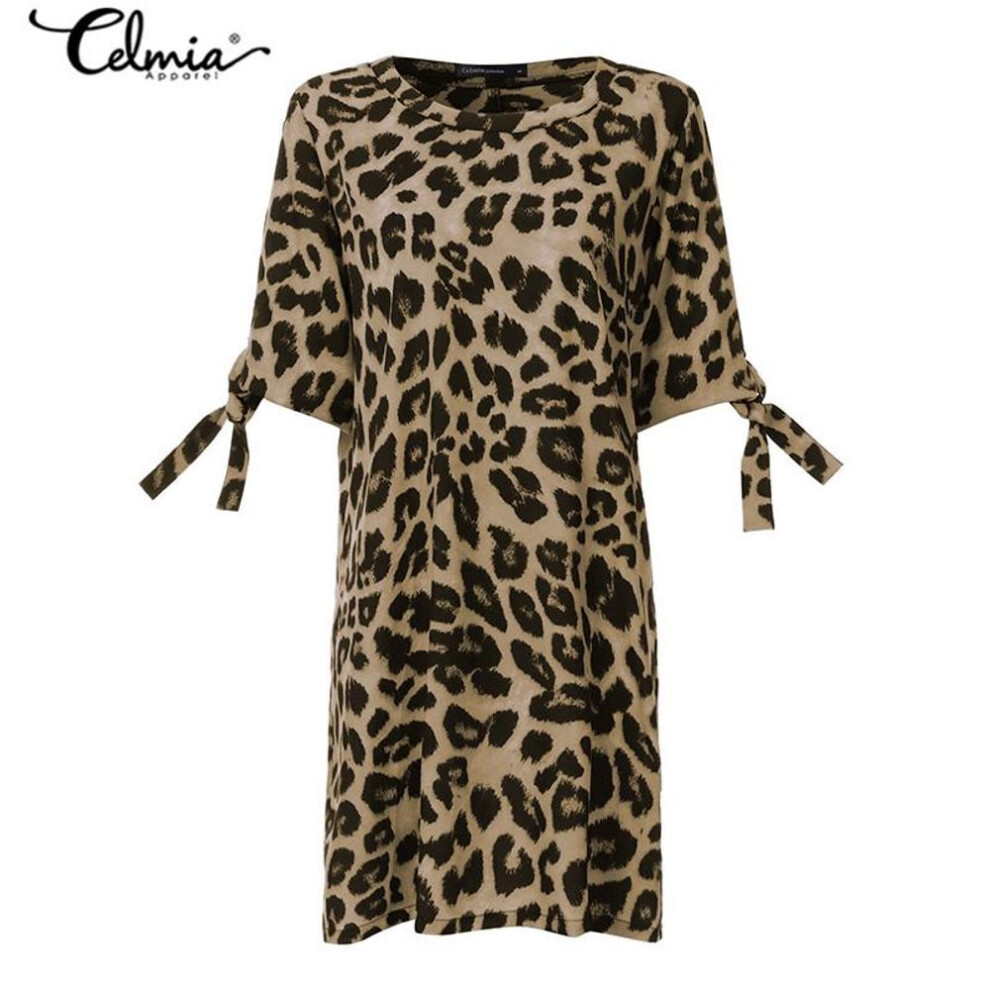 (khaki, M) Celmia Summer Casual Women's Loose Mini Dress Leopard Print Short Sleeve Plus Size