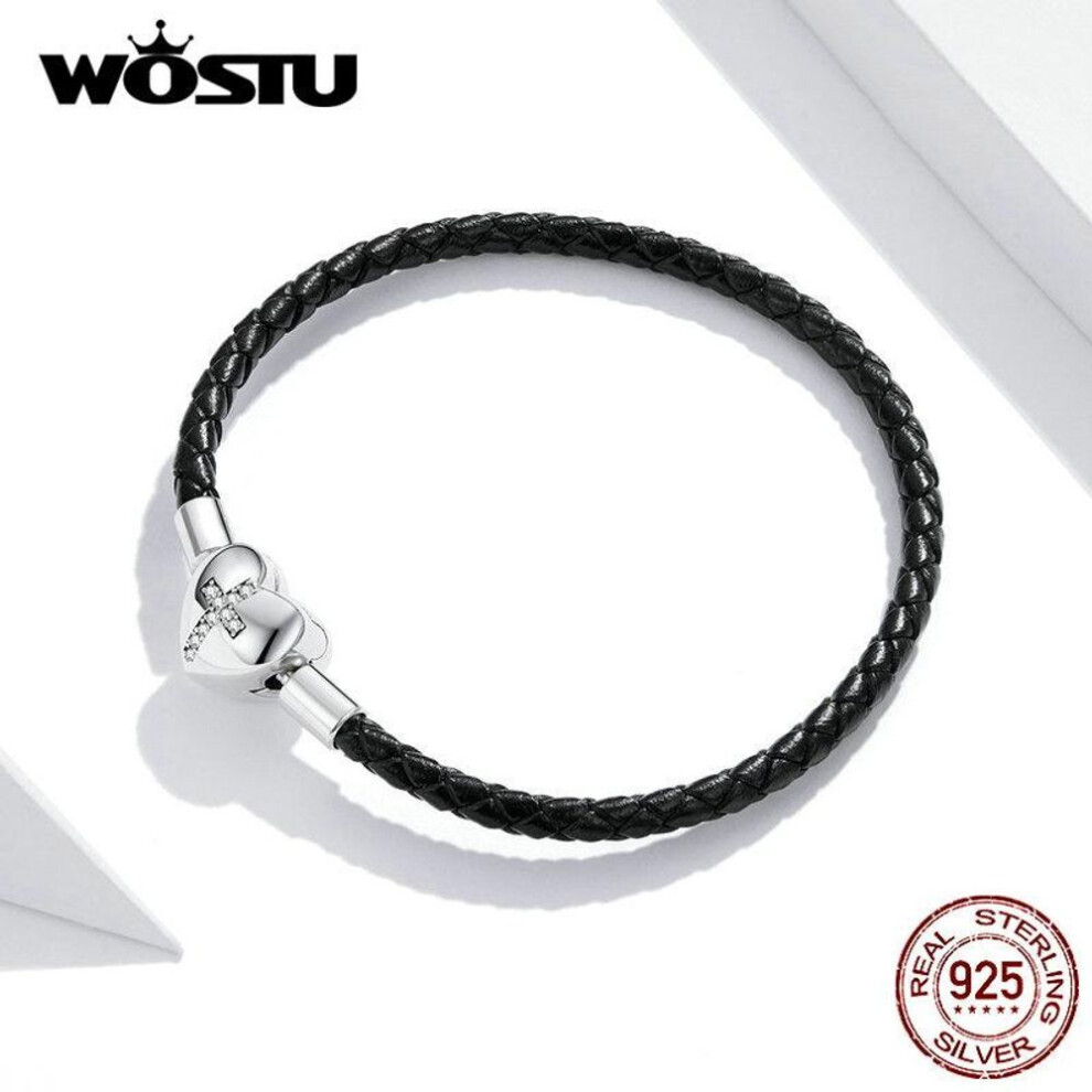 (silver, 19) WOSTU Black Cross Bracelet 925 Sterling Silver Basic Leather Chain Bracelets for Women Engagement Jewelry Gift