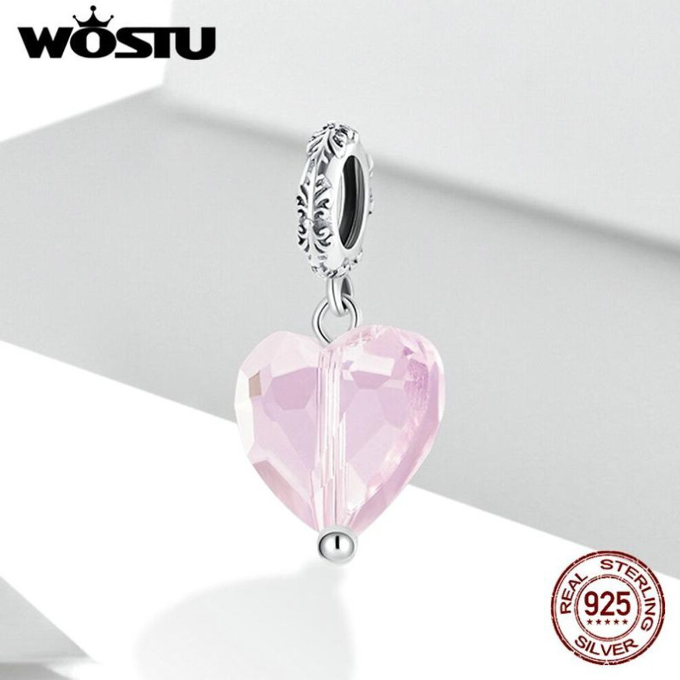 (pink, 925 silver) Wostu Simple Purple And Pink Heart Zircon Crystal Fairy Tale Love Charm 925 Sterling Silver Pendant For Bracelet Jewelry