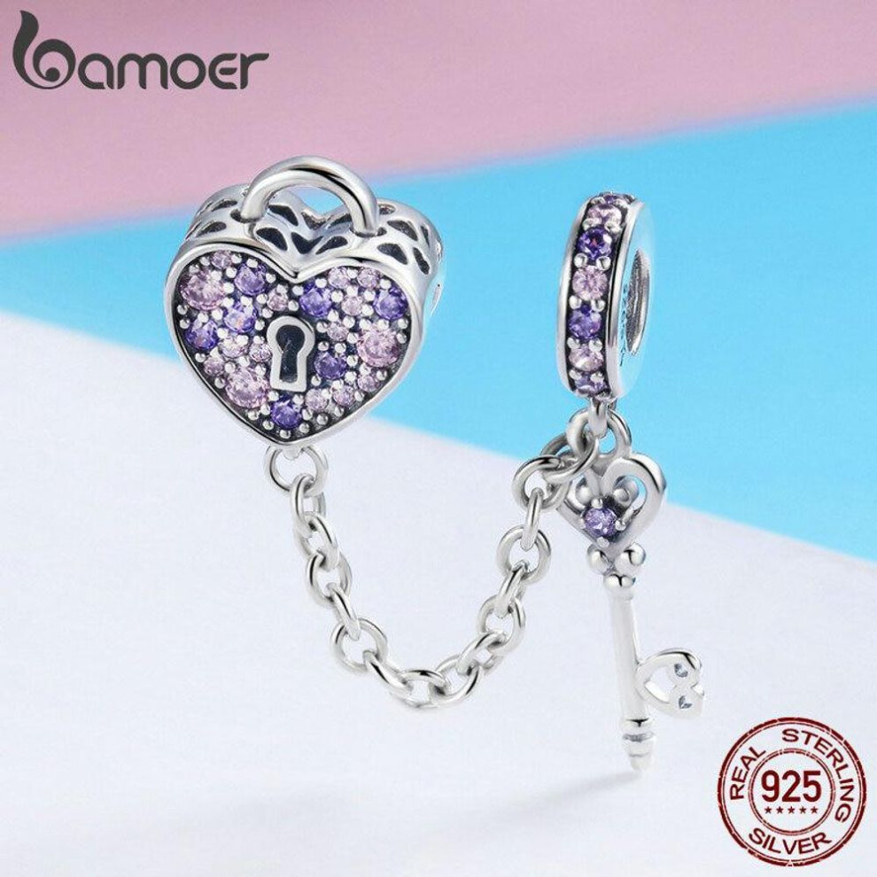 BAMOER 925 Sterling Silver Key of Heart Lock Crystal CZ Chain Charms Fit Charm Bracelets