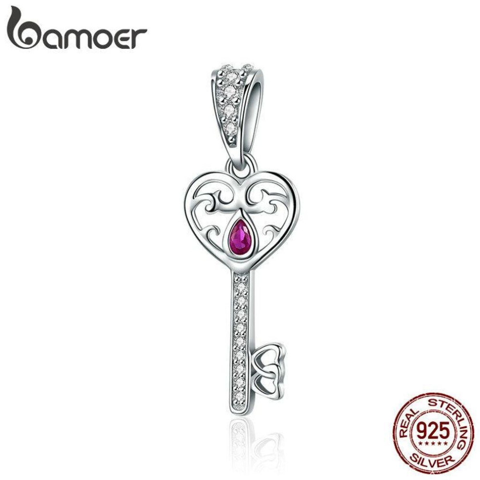 Bamoer 100% 925 Sterling Silver Happiness Key Heart Shape Pendant Charm Fit Women Bracelets