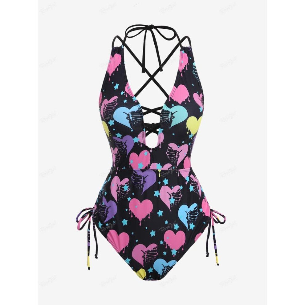 (black, 2XL) Rosegal Gothic Bloody Skeleton Heart Stars Printed Cinched Crisscross Strappy Backless Hollow Out Halter Swimsuit