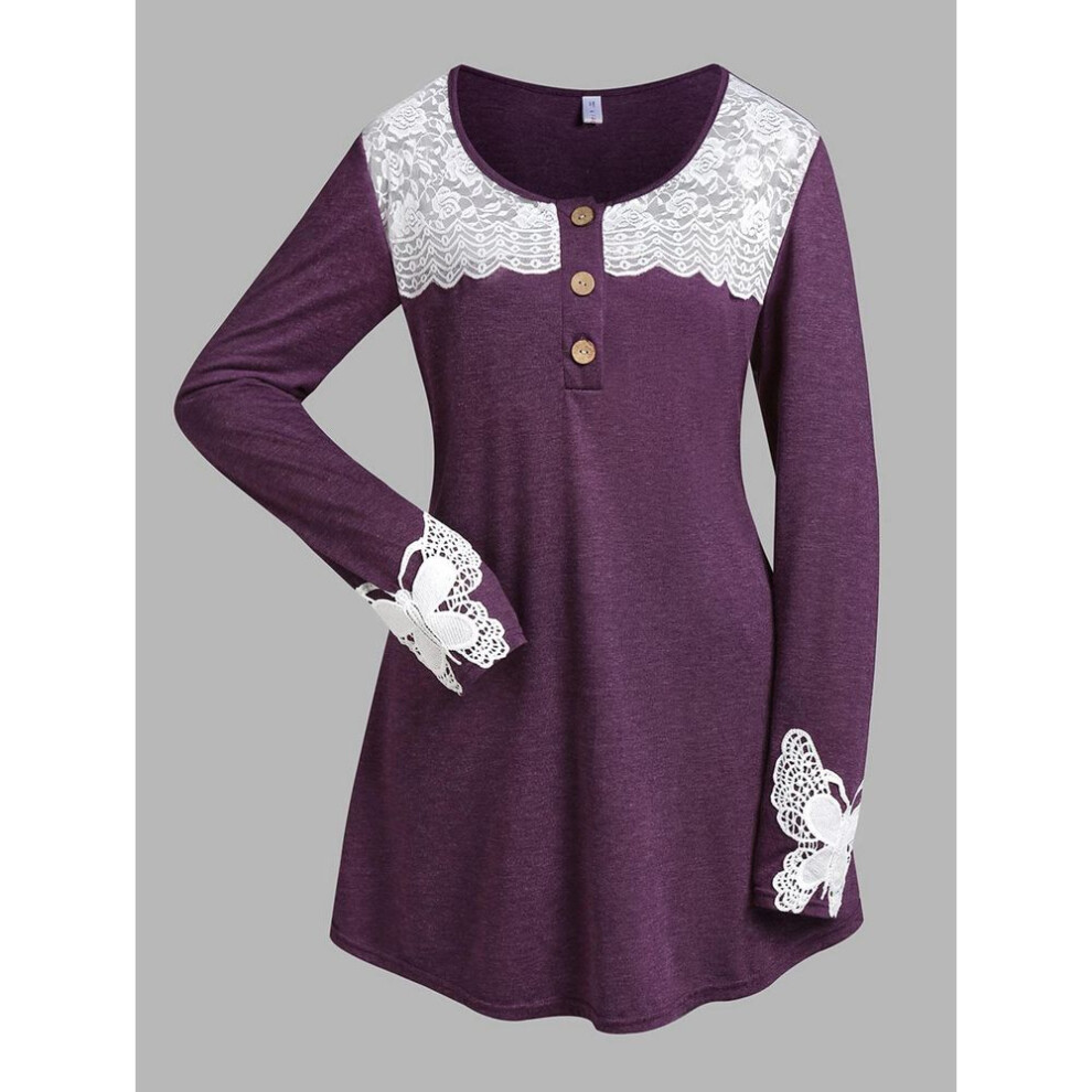 (dark lavender, L) Rosegal Plus Size Butterfly Lace Panel Henley T-shirt