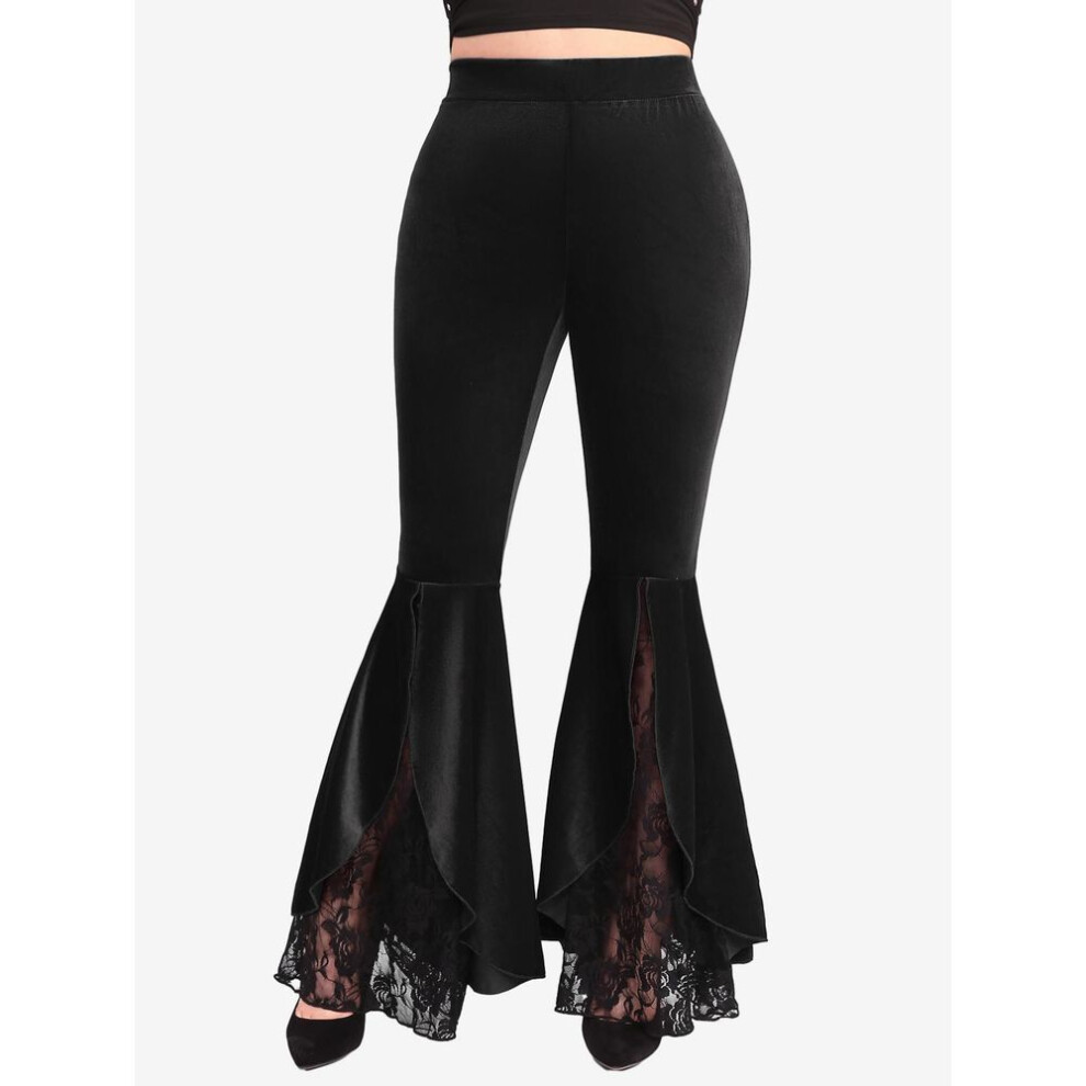 (black, M) Rosegal Plus Size Flower Lace Split Layered Flare Pants