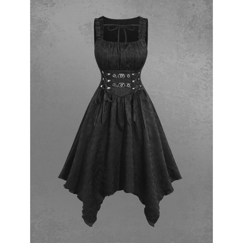 (black, M) Rosegal Gothic Floral Jacquard Embroidered Bowknot Tied PU Straps Grommet Buckle Ruched Lace Up Solid A Line Handkerchief Dress