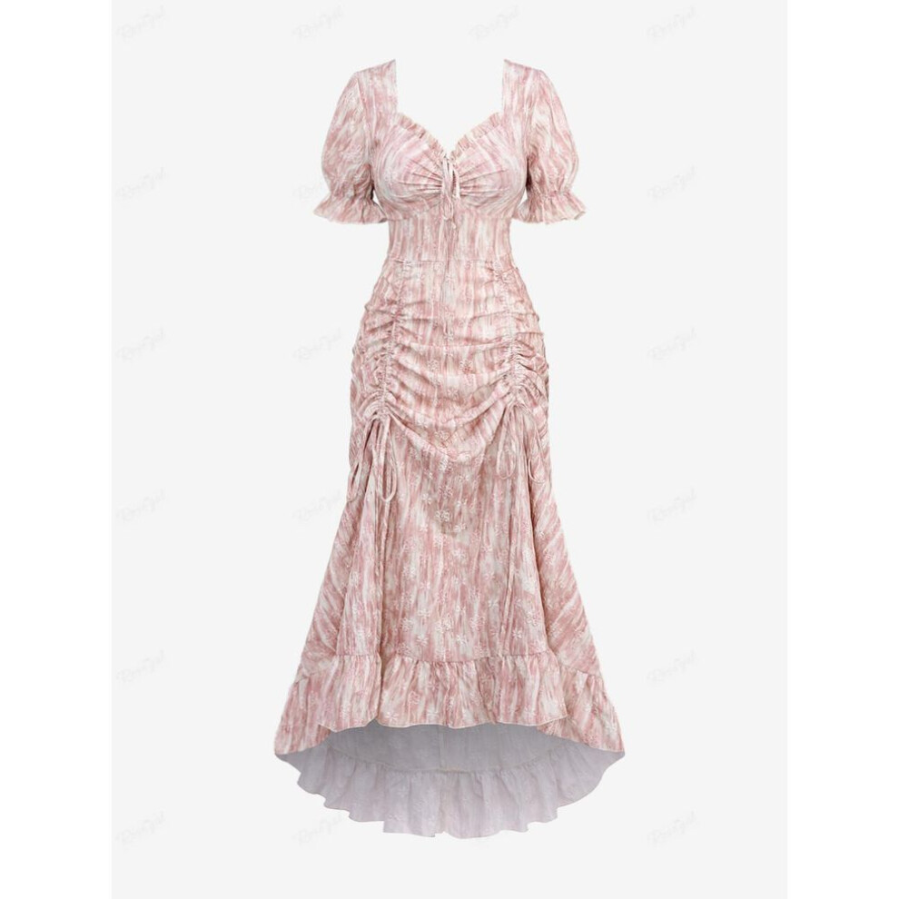 (light pink, 2XL) Rosegal Gothic Puff Sleeves Floral Jacquard Cinched Ruched Ruffles Tie Dye High Low Asymmetric A Line Dress
