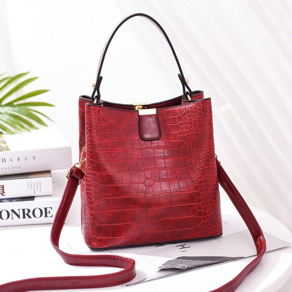 (red, 20*14*22cm) Retro Casual Alligator Handbags Women Crocodile Pattern Messenger Bag Lady Shoulder Crossbody Bag Female Purse Bucket Bags