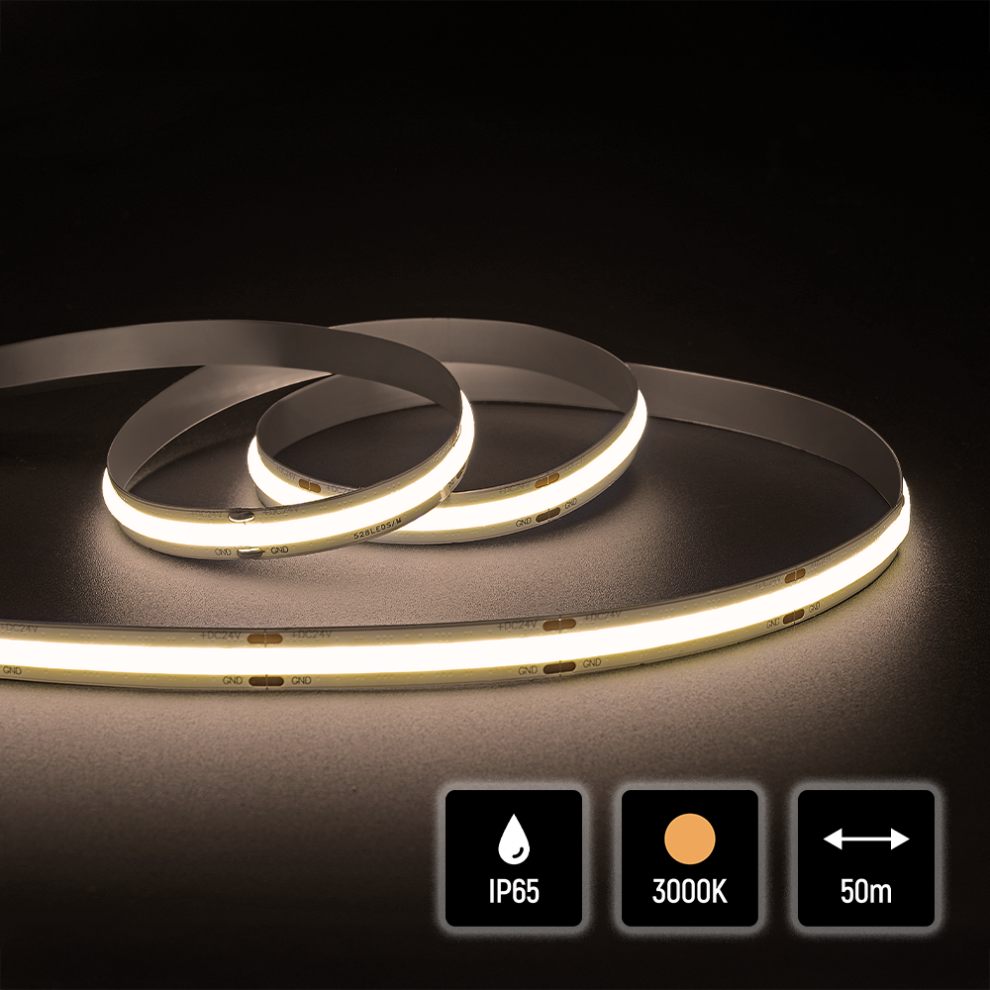 Quik Strip 15W/m COB LED Strip, 24V IP65 3000K, 528LEDS/m, 1400Lm/m, 10mm PCB, 50m