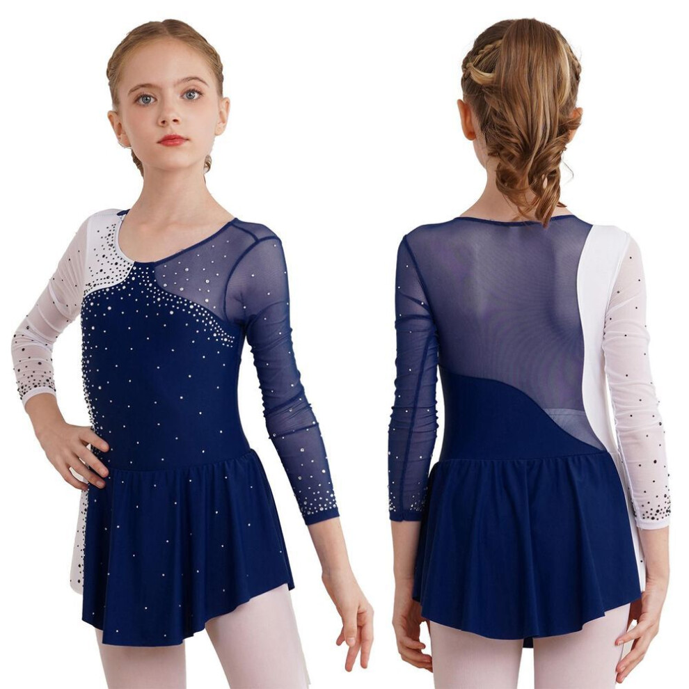 (navy blue, 11-12 Years) Fancy Girls&apos; Ice Skating Leotard Dress Kids Long Sleeve Shiny Rhinestone Ballet Gymnastics Dance Dress Dancing Clothes