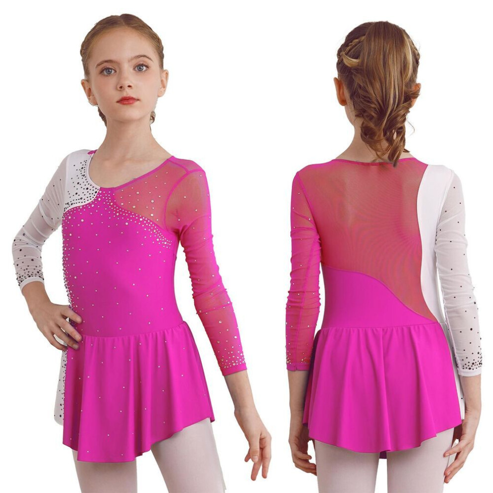(rose, 7-8 Years) Fancy Girls&apos; Ice Skating Leotard Dress Kids Long Sleeve Shiny Rhinestone Ballet Gymnastics Dance Dress Dancing Clothes