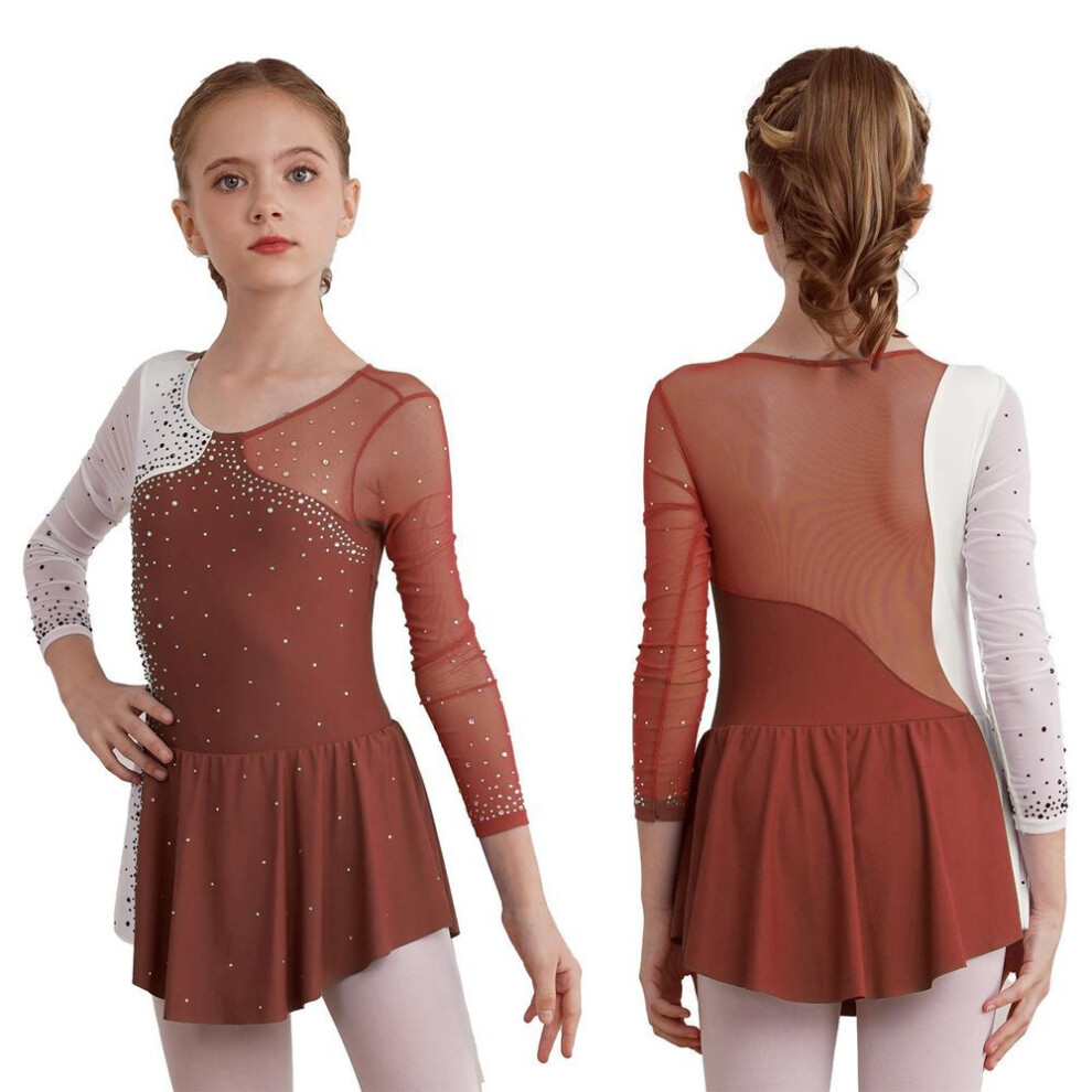 (brown, 13-14 Years) Fancy Girls&apos; Ice Skating Leotard Dress Kids Long Sleeve Shiny Rhinestone Ballet Gymnastics Dance Dress Dancing Clothes