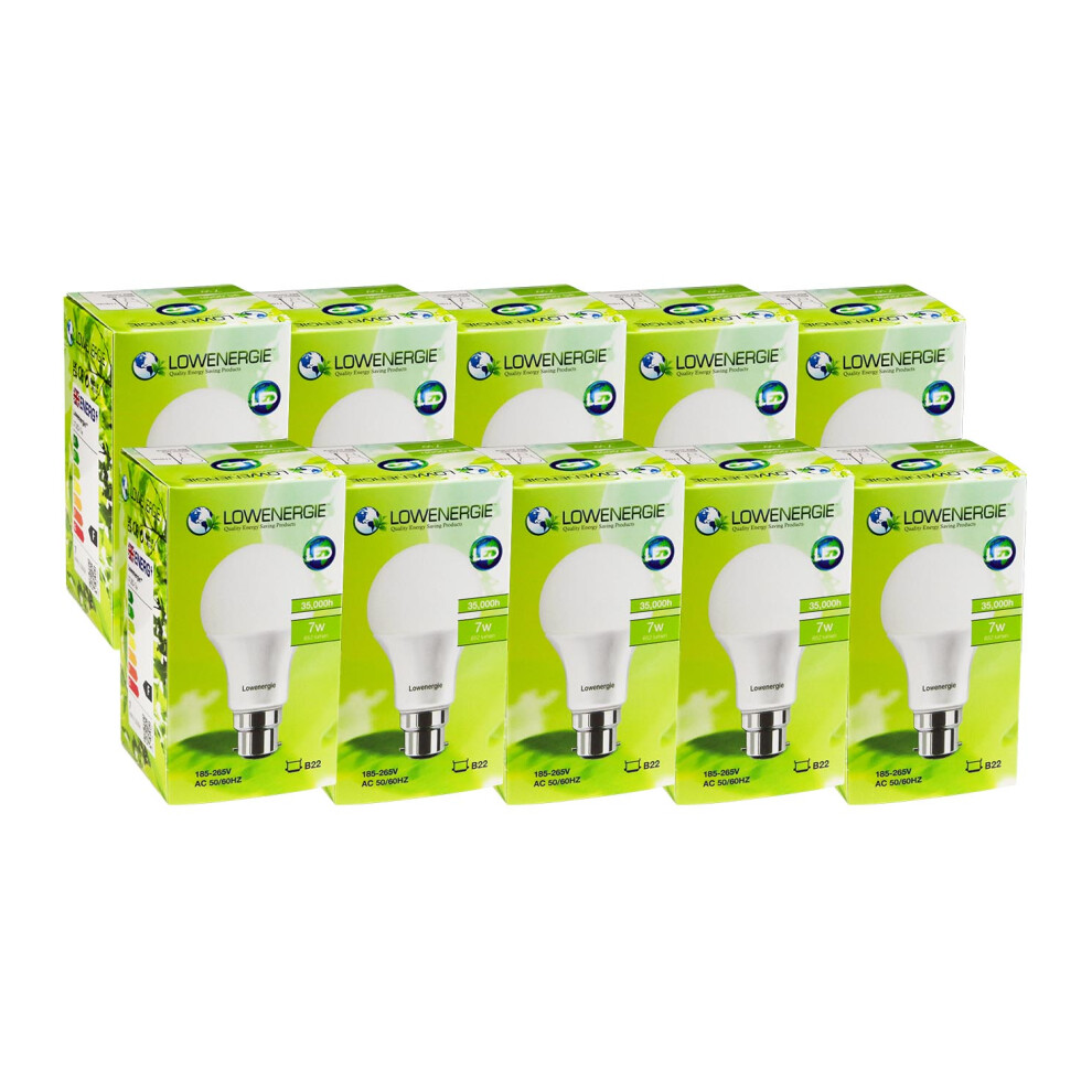 (10 Pack) Lowenergie LED Light Bulb B22 Bayonet, 7W, 60w Equivalent, Day White 6000K SAD, Traditional A60 GLS A+ Bright Energy Saving Lamp-image-OPC-PC8B8B2-NEW