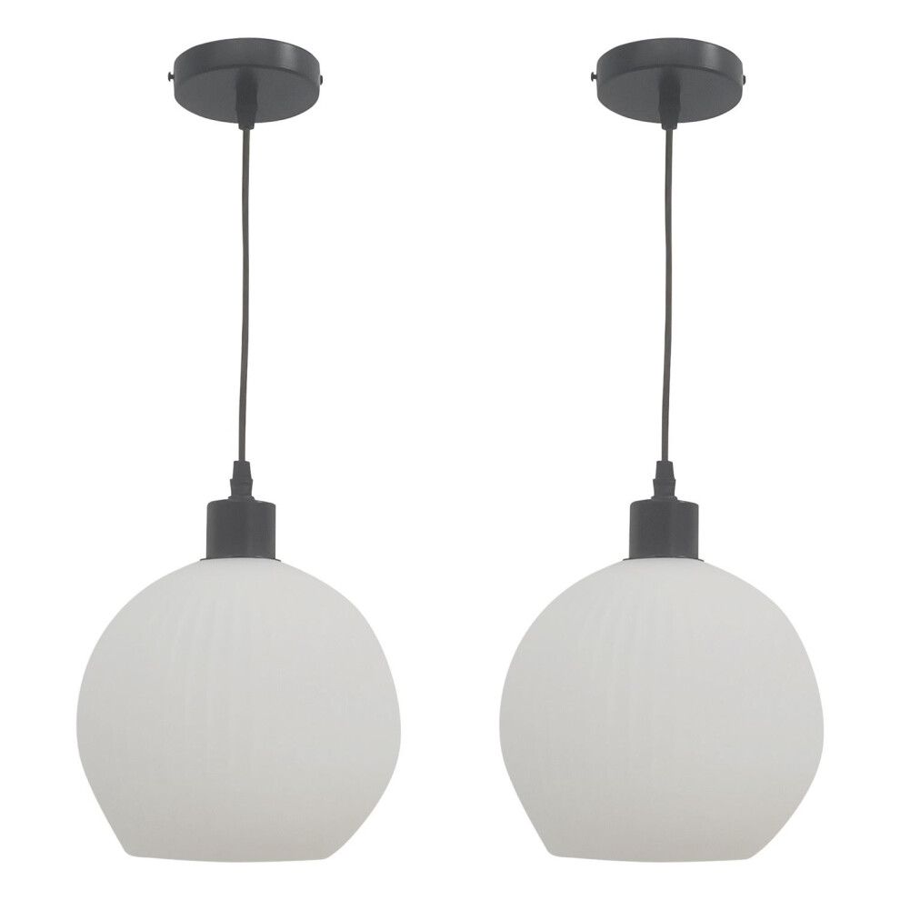 Set of 2 Betchley - White Ribbed Glass Globe with Black Pendant Fittings-image-OPC-PFWN8BR-NEW