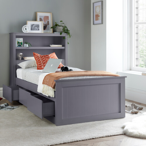 Bedmaster (Grey) Enzo Wooden 3 Drawer Bookcase Bed Single White Grey