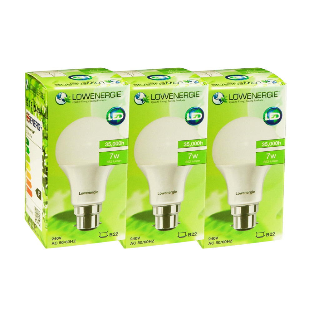 (3 Pack) Lowenergie A60 LED Bulb 7w B22 3000K