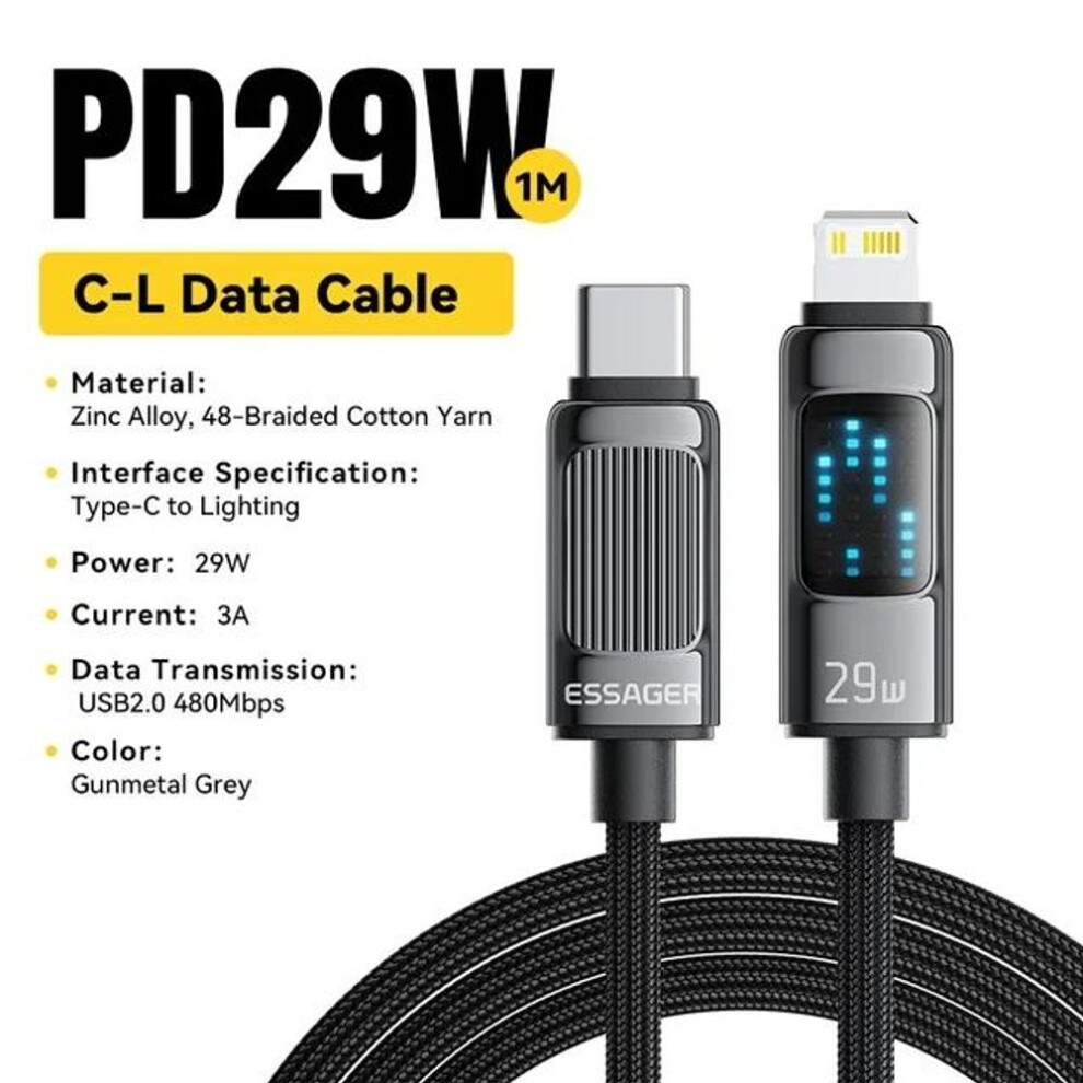 (grey, 2m) ESSAGER PD 29W USB Type C Cable For iPhone 14 13 12 11 Pro Max Xs 8 7 Fast Charging USB C For iPad Air Charger Data Wire Cord