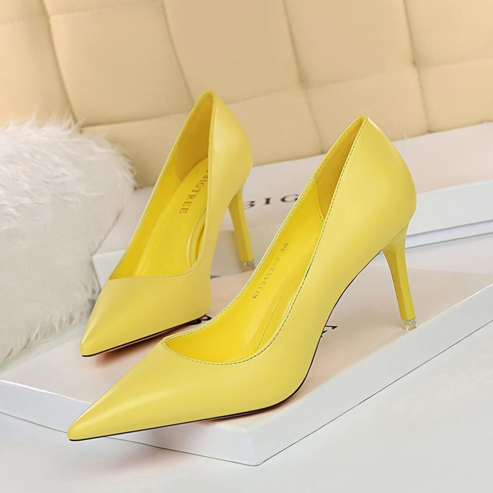 (yellow, 42) Bigtree Women's Fashion Simple Summer High Heels Thin Heel High Heel Shallow Mouth Pointed Sexy Single Shoe