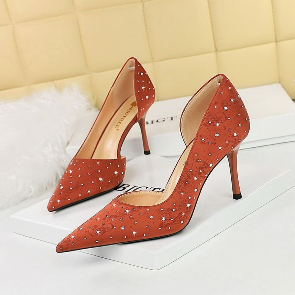(orange, 35) Women&apos;s Fashion Banquet High Heels Slim Heels Shallow Mouth Pointed Side Hollow Water Diamond Single Shoes