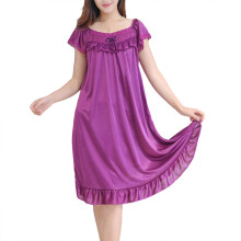 (Dark Purple, L) Girl's Oversize Nightgown For Summer Short Sleeve Lace Ruffle Trim Pajama Dress