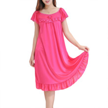 (Plum Red, XL) Girl's Oversize Nightgown For Summer Short Sleeve Lace Ruffle Trim Pajama Dress