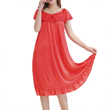 (Big Red, L) Girl's Oversize Nightgown For Summer Short Sleeve Lace Ruffle Trim Pajama Dress
